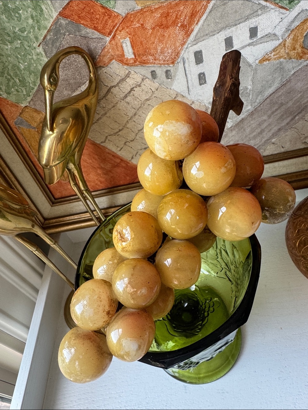 Large Vintage /Retro MCM Italian Carved Alabaster Marble Grape with Wood Sterm